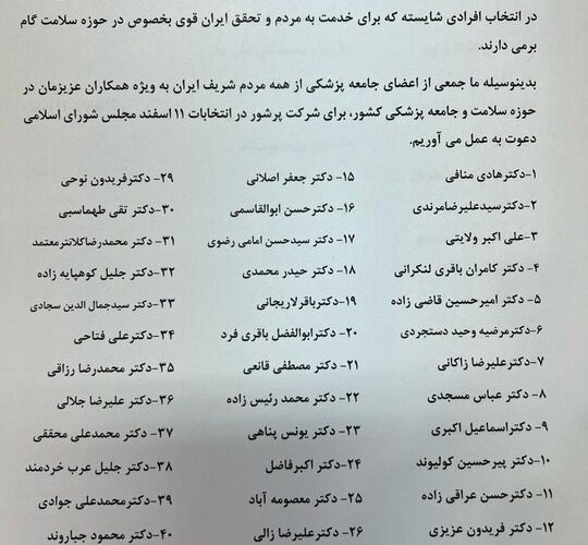 دعوت پزشکان از مردم برای وجود در انتخابات ۱۱ اسفند + اسامی – تاشکن